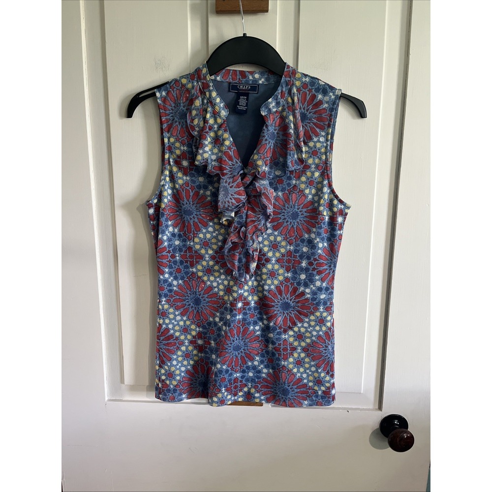 CHAPS Denim Blouse Top Womens Small Red White Blue Floral Ruffles
